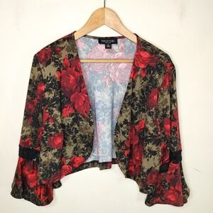 Perceptions Floral Jacket Cardigan Topper Flare Sleeve Lace Inset
